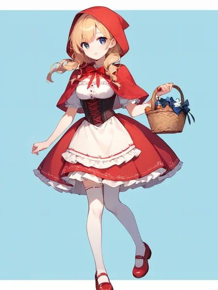 score_9, score_8_up, score_7_up,source_anime, high res image,masterpiece,best quality,girl,cute face,clear skin,shiny hair,ultra detailed eyes,simple background, <lora:Little Red Riding Hood_pony_V1.0:0.8> little red riding hood, red dress, basket, skirt, corset , frills,thighhighs,shoes