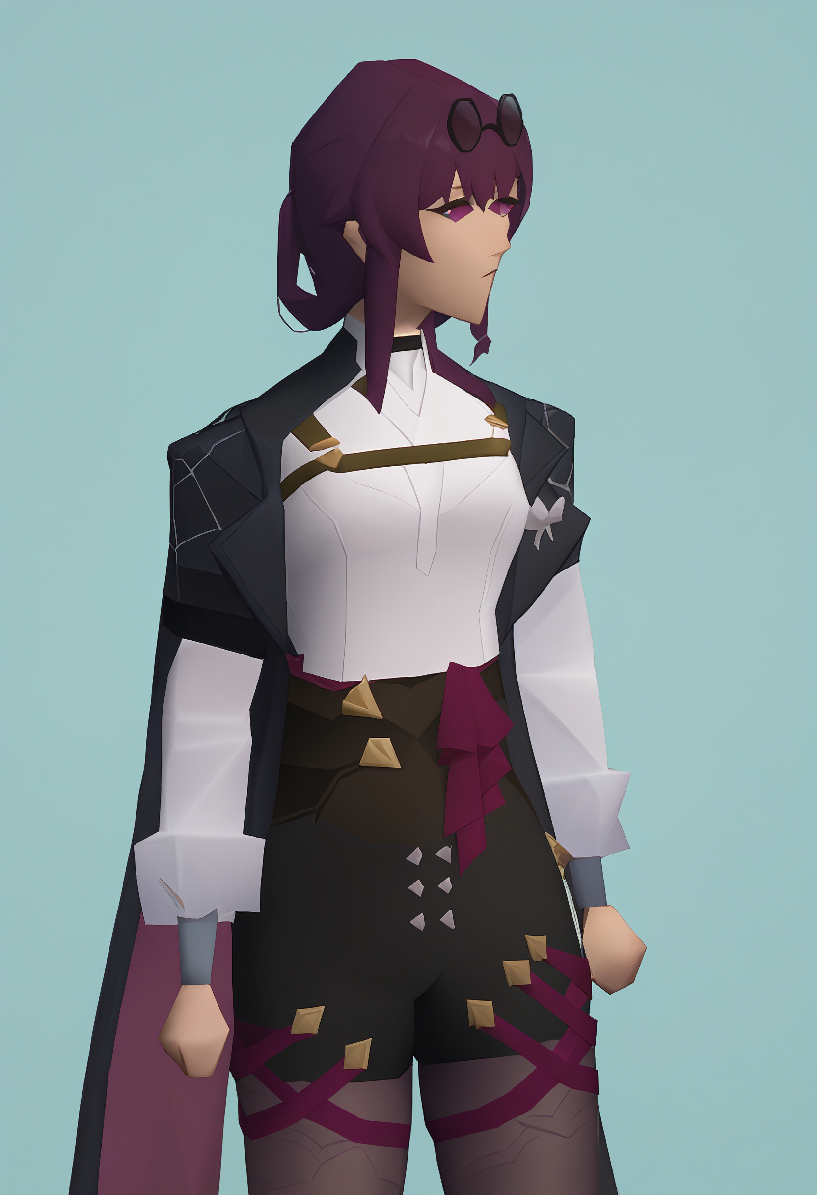 score_9, score_8_up, score_7_up BREAK solo, 1girl, clamKafka, osrs. purple hair, eyewear on head, black jacket, white shirt, black shorts, purple pantyhose <lora:clamKafkaPDXL:1>  <lora:osrs character lora v0.2:1>