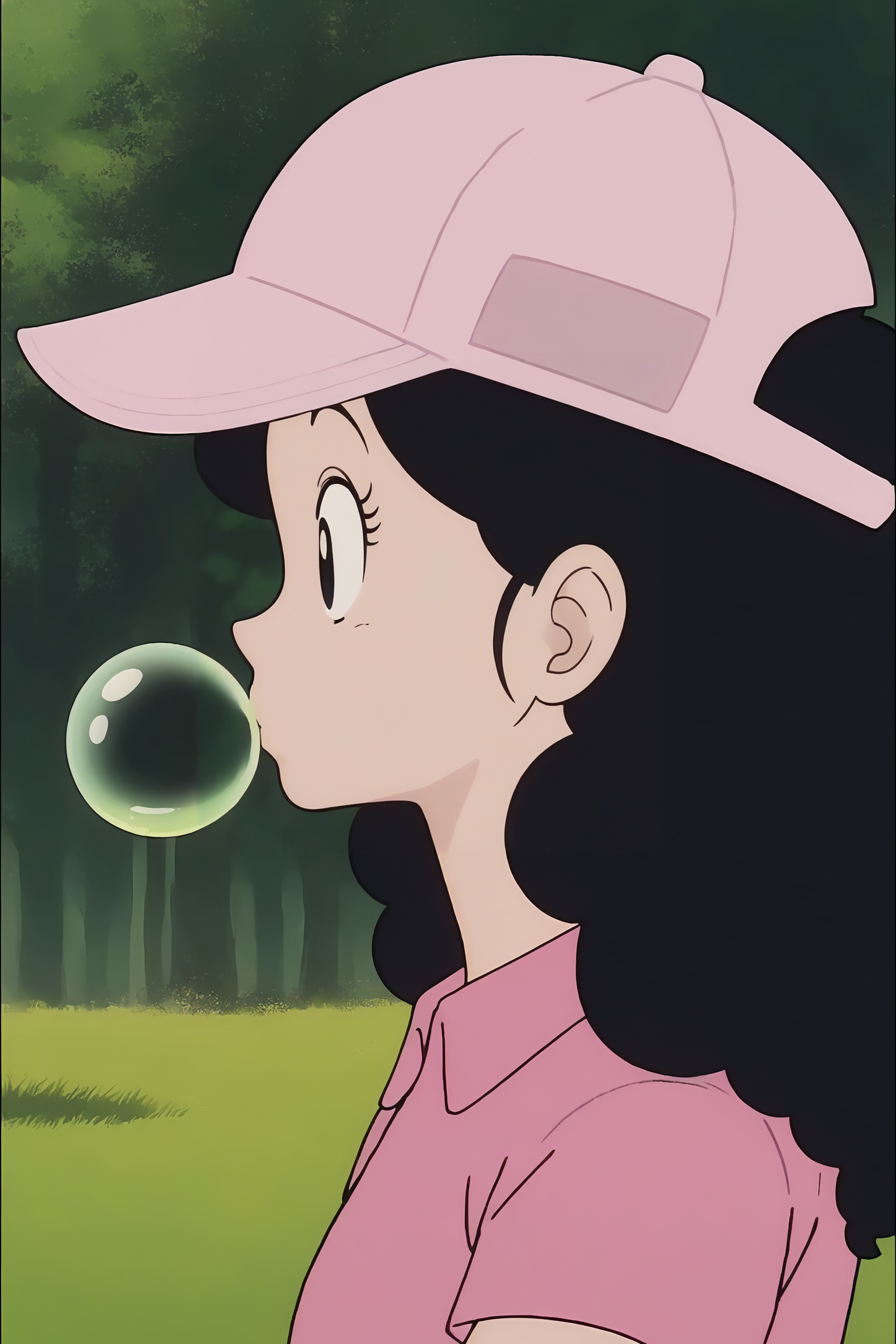 source_anime, score_9, score_8_up, score_7_up, anime screencap, absurdres, high quality,
launch good, official style, 1girl, solo, dappled sunlight, black hair, black eyes, profile, portrait, baseball cap, outdoors, pink shirt, pink headwear, flat color, bubble blowing, chewing gum, from side, looking ahead, eyelashes, tree, nature, 
 <lora:Launch_v1:0.8>