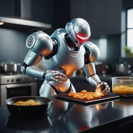 cinematic photo a robot cooking in a kitchen, detailed hands <lora:Metroid1024:0.7> . 35mm photograph, film, bokeh, professional, 4k, highly detailed