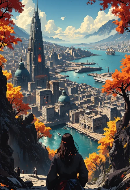Image is an extreme wide angle shot digital fantasy artwork featuring an over the shoulder view of a beautiful woman looking out at an epic fantasy city. Its the capital city to a magical empire. The city is a large port city with ships coming and going. Magic and technology merge to form this utopia. There are large ivory towers for the magical academy, military barracks for the army and a port for the fantasy ships. Several buildings are glass skyscrapers. The trees in the city are all manner of colors.