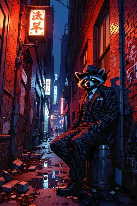 In a shadow-drenched, neon-lit alleyway, a slick raccoon gangster clad in a pinstripe suit and a tiny fedora leans casually against a graffiti-splattered wall. His eyes, mischievous and glinting with neon green light, dart between the flickering signs and puddles reflecting erratic colors. The alleyâs damp pavement is littered with discarded takeout boxes and scattered tokens from underground gambling dens. A vintage streetlamp sputters erratically above him, casting long, shifting shadows that dance with each subtle movement. His perfectly pressed suit contrasts sharply with the chaotic urban backdrop, where broken glass and spray-painted slogans hint at a recent turf war. A discarded cigar butt smolders in a nearby trash can, its embers mirroring the rebellious fire in his eyes. The scent of rain and city grit mingles with the sharp aroma of espresso from a hidden café around the corner. Every element of the sceneâfrom the neon reflections to the raccoonâs sly smirkâexudes a blend of old-school gangster cool and futuristic urban chaos. The moment is a vibrant snapshot of an underworld where style and mischief collide in a surreal dance. <lora:RetroAnimeFluxV1:0.4> <lora:Vintage comic book:0.7> <lora:MoriiMee_Gothic_Niji_Style_FLUX:1.0>