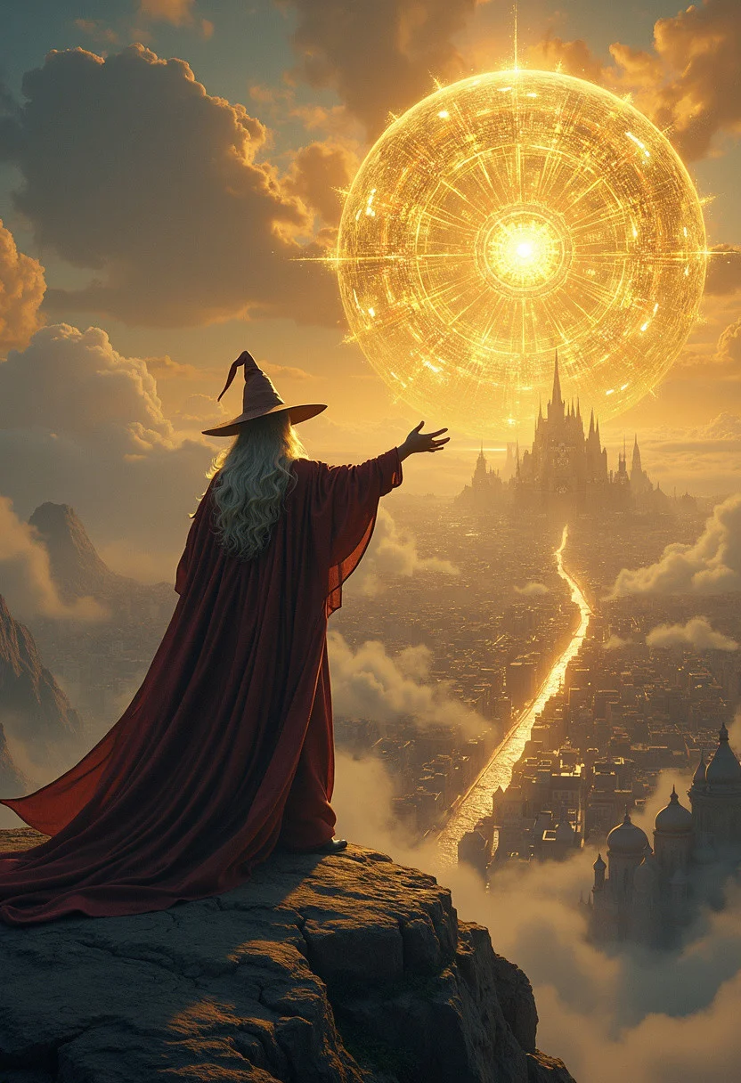 A wizard stands atop a lookout, with a city sprawling before him. With a majestic gesture, he casts a golden protective spell that forms a giant, shimmering dome, covering and safeguarding the entire city ,fantasy art