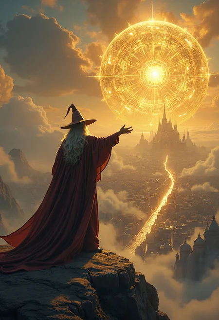 A wizard stands atop a lookout, with a city sprawling before him. With a majestic gesture, he casts a golden protective spell that forms a giant, shimmering dome, covering and safeguarding the entire city ,fantasy art
