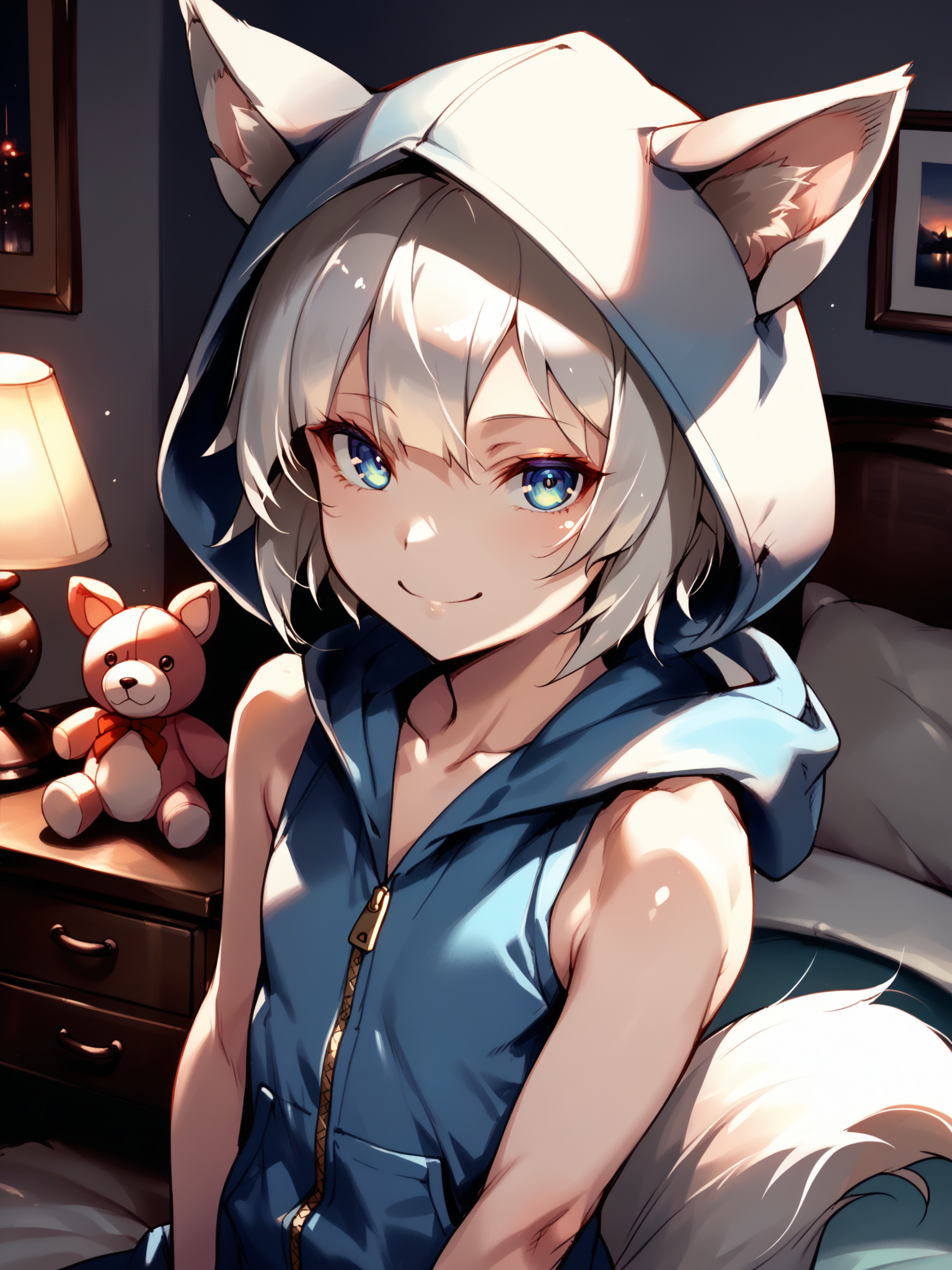 (upper body, solo:1.1) <lora:happy_tentacle-elin-v0.2-000028:1>, ht_elin, flat chest, animal ears (petite:1.2), ( (sleeveless :1.1) :1.1) ( , , ( :1.2) , seductive smile , :1.2) , indoors, ((night, night sky :0.6), (blue sky:0.6) :0.8), ( :0.9), (furniture:0.9), abandoned , , , , (modern architecture :0.8), bedroom, stuffed animals, plushies, fox costume, animal hood, onesie (( from above :1.2) :0.8) score_9, score_8_up, score_7_up, score_6_up, score_5_up, score_4_up, ( [(realistic, photorealistic:1.3):(realistic:1.2):20] [(3d:1.2)::16] :1) <lora:LUUNA's Lunas-NijiJourney-SDXL-B2:0.35>, nijijourney <lora:prgfrg23's Counterfeit-V3.0 Style SDXL_LoRA_Pony Diffusion V6 XL:0.5> <lora:mfcg's mfcgXL:0.12> <lora:reweik's gyokai(himehajime)_PonyXL_style_v01:0.14>