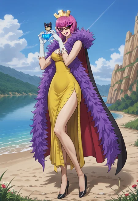 KinderellaOP, 1girl, solo, tall woman, pink purple hair, bangs, bob cut, black eyes, lips, red lipstick, evil grin, crown, large breast, long yellow dress,  cleavage, dress with cutout, dark cape, wide hips, long light-colored gloves, eye-mask, shoes, purple feathered boa,
seductive pose, sexy pose, tease, 
masterpiece, best quality, ultra-detailed, very aesthetic, detailed background, very aesthetic, newest, scenery, highres, 4k, absurdres, 8k, colorful,vibrant, glowing, perfect face, 2d, perfect eyes, detailed eyes, 
 masterpiece, best quality, ultra-detailed, very aesthetic, newest, scenery, absurdres, perfect anatomy, , perfect face, perfect eyes, mature body, clear eyes, beautiful eyes, athletic, curvy body, athletic girl, perky tits, perfect tits, round breasts, nipple outline, pinup pose, teasing, lustful expression,
muscular female,   dutch angle, heart hands,
Smooth Negative, uncensored,EyesHD,SmoothNegativePony