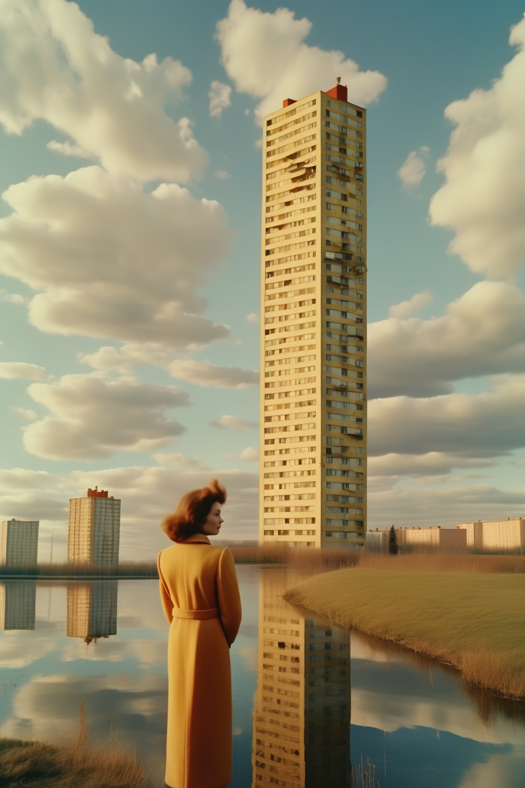 <lora:Director Andrei Zvyagintsev style:1>Director Andrei Zvyagintsev style - soviet aesthetic, editorial russian countryside, cinematic, kodak film, golden hour, broken rollercoaster, enormous fluffy clouds, fabrics, tall soviet apartments towerblock with colourful exterior sitting in the middle of the water, russian woman, atmospheric, national geographic photography, dotted, subtle color contrasts, landscape inspirations, flat, extreme wide shot