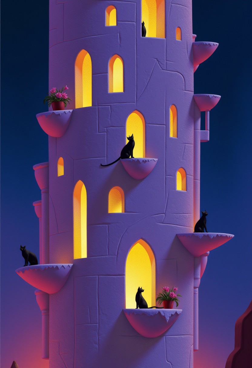 a view from below on a tall tower made of white stone with unevenly distributed gothic style windows glowing from inside with yellow and purple light, there are ocasional sills with flower pots, cats and dark silhouettes of people sitting on them