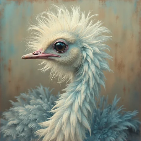 <lora:Florate Flux_v2_epoch_3:0.9> A surrealist painting of cream and dodgerblue variegated organic beautified ostrich in a hair salon, with striations and smooth areas