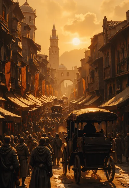 Depict a bustling medieval marketplace street during a golden-hour sunset, filled with an overwhelming crowd of people, carriages, and market stalls. The scene is alive with activity, as merchants, townsfolk, and travelers move about in a dense, chaotic atmosphere. The architecture features tall, historic buildings with ornate facades, draped with fabric awnings that cast long shadows over the street. Horse-drawn carriages are seen in a procession down the middle of the street, their weathered coverings and intricate wooden designs reflecting the light of the setting sun. The crowd is varied, with individuals dressed in medieval garmentsârobes, tunics, and headscarvesâengaged in trade, conversation, or simply observing. The street is dusty, kicked up by the movement of the carriages and horses, creating a dramatic interplay of light and shadow in the hazy air. In the background, a bridge and distant bell tower rise above the scene, enveloped in the warm orange and gold tones of the sunset. The overall atmosphere conveys the vibrant, chaotic energy of medieval life in a thriving town. <lora:ancient.safetensors:0.15>, <lora:Magic_of_Art_(FLUX).safetensors:0.5>, <lora:fantasy-flux-v1.safetensors:1.0>, <lora:Movie_Portrait.safetensors:0.5>, <lora:- Flux1 - soothing_atmo_V2.0.safetensors:0.2>, <lora:lith_mimosa_kiel_grw134_FLUX.safetensors:0.4>,