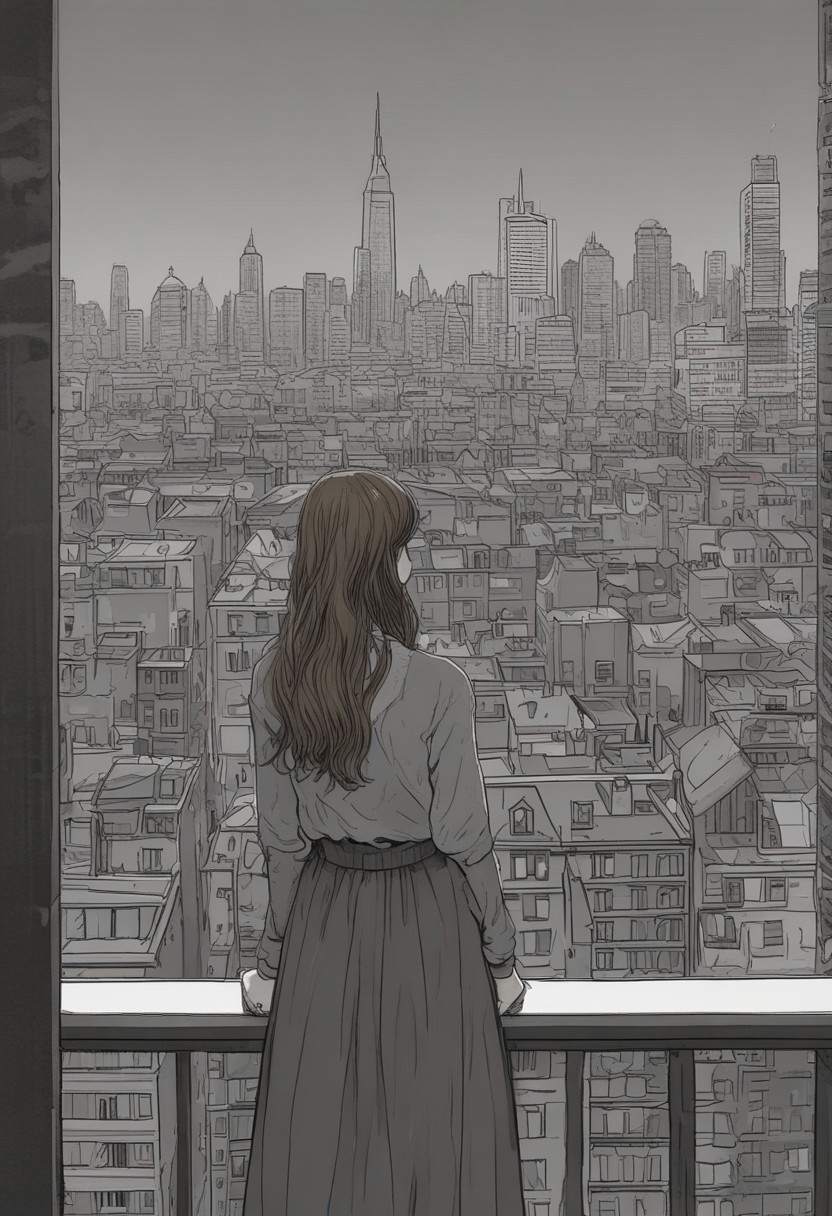 the girl is on the top of a building looking around in the distance, 1girl, solo, long hair, skirt, light brown hair, casual dress, arms behind back, gloomy, spooky, (masterpiece:1.4, best quality:1.4, illustration:1.4, ultra-detailed, best aesthetic)