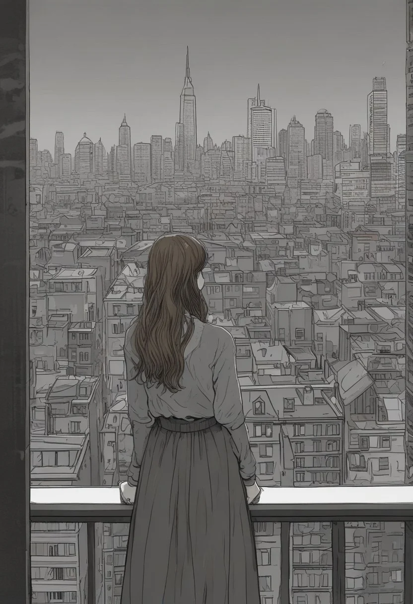 the girl is on the top of a building looking around in the distance, 1girl, solo, long hair, skirt, light brown hair, casual dress, arms behind back, gloomy, spooky, (masterpiece:1.4, best quality:1.4, illustration:1.4, ultra-detailed, best aesthetic)