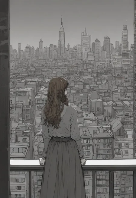 the girl is on the top of a building looking around in the distance, 1girl, solo, long hair, skirt, light brown hair, casual dress, arms behind back, gloomy, spooky, (masterpiece:1.4, best quality:1.4, illustration:1.4, ultra-detailed, best aesthetic)