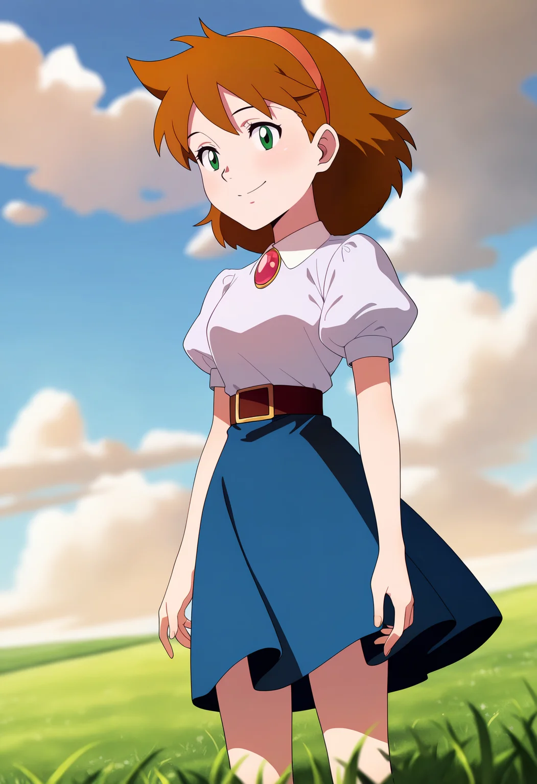 masterpiece, best quality, very aesthetic, absurdres,
1girl, janebuxton, brown hair, short hair, green eyes, hairband,
brooch, puffy short sleeves, dark blue skirt, belt,
standing, solo, looking at viewer, smile, blue sky, grass, cloud, meadow background, <lora:JaneBuxtonNoobXL_byKonan:1>