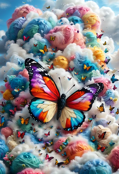 <lora:Yarnworld:1> cute, colorful, vivid and whimsical, imaginative, surreal fantasy, An epic image of yrnwrld Butterfly in the clouds, ((dynamic angle, dynamic view,dynamic pose)), blurred background,
<lora:add-detail-xl:1> , <lora:aidmaImageUpgraderSDXL-v0.3:0.75> aidmaimageupgrader, <lora:xl_more_art-full_v1:1>,