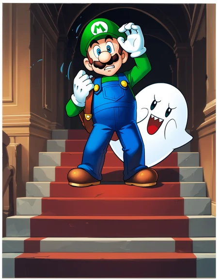 score_9, score_8_up, score_7_up, score_6_up, score_5_up, score_4_up
<lora:mario_universe-v6_pdxl:0.8> Luigi, fleeing, sweat, blue overalls, green shirt, poltergeist backpack, haunted mansion interior, dark, spooky, wooden walls, red carpet, staircase, (scared:1.1), trembling, worried, ghost, boo \(mario\), official Nintendo artwork