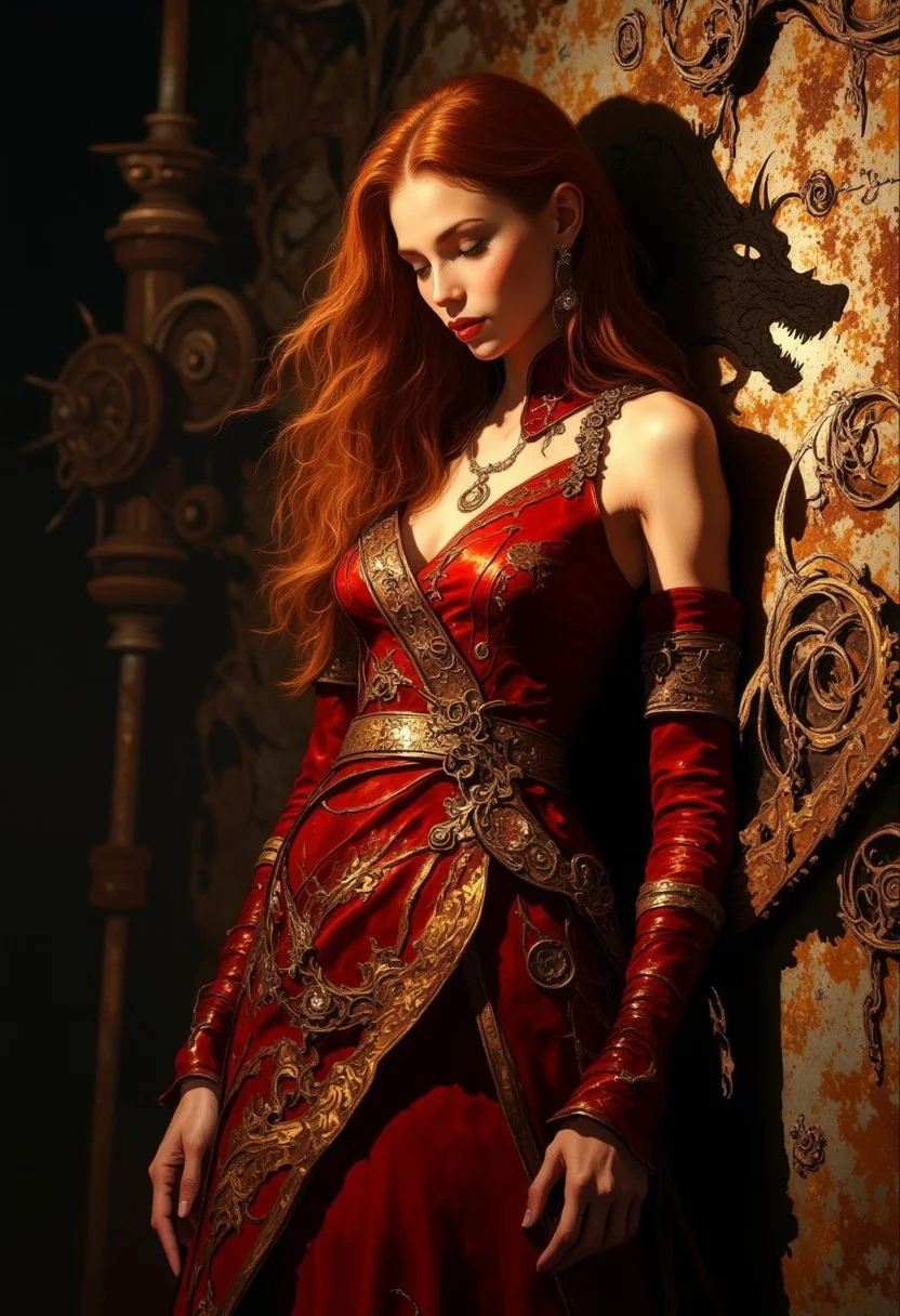 A visually stunning closeup portrait capturing the essence of beauty and emotion. Subject: A confident woman with long, flowing auburn hair, wearing a striking outfit inspired by steampunk and fantasy elements. Her attire consists of a bold, deep red dress adorned with golden dragon motifs, featuring asymmetrical cuts that reveal her shoulders. The fabric glimmers subtly in the dim light, with a sash-like element draped across her body, adding to the regal aesthetic. Her expression is calm and alluring, and her posture is relaxed yet exudes strength, leaning slightly against a textured industrial wall. As the viewer's gaze moves downward, an unexpected and surreal twist emerges: her shadow is a mechanical dragon, cast sharply by the ambient light, takes on the form of an enormous mechanical dragon coiled protectively around her, its glowing eyes and moving gears giving it life. Background: A dark, industrial setting illuminated by warm, ambient lighting. Rusted gears of various sizes are embedded into the metallic walls, creating a steampunk atmosphere. Shadows cast by the machinery add depth and mystery to the scene, emphasizing the gritty yet sophisticated environment. Style: The dynamic interplay between reality and shadow creates a surreal juxtaposition, inviting the viewer to question the boundary between the physical and the ethereal.