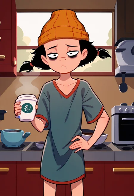1girl, solo, orange beanie, black eyes, black hair, twin pigtails, wear only oversized blue t-shirt,, loose clothes, holding a cup of coffee in hand, one hand on hip, sleepy eyes, bags under eyes, loose clothes, Perfect Hands, Expressiveh, no shirt, , zPDXL, flat chest,kitchen,window,