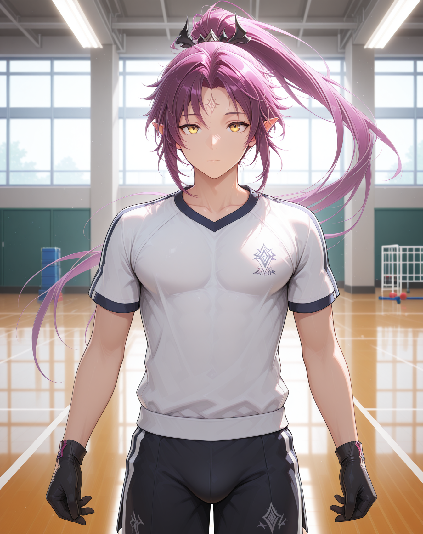 masterpiece,best quality,amazing quality, newest, very aesthetic, absurdres,
1boy, solo, yaoi, male focus, looking at viewer, cowboy shot, standing,
<lora:Veigas_FSI_ilxl:1>  veigasfsi, black gloves, forehead mark, pointy ears, purple hair, high ponytail,yellow eyes, floating hair,
gym uniform, gym shorts, gym shirt,
indoors, gym,