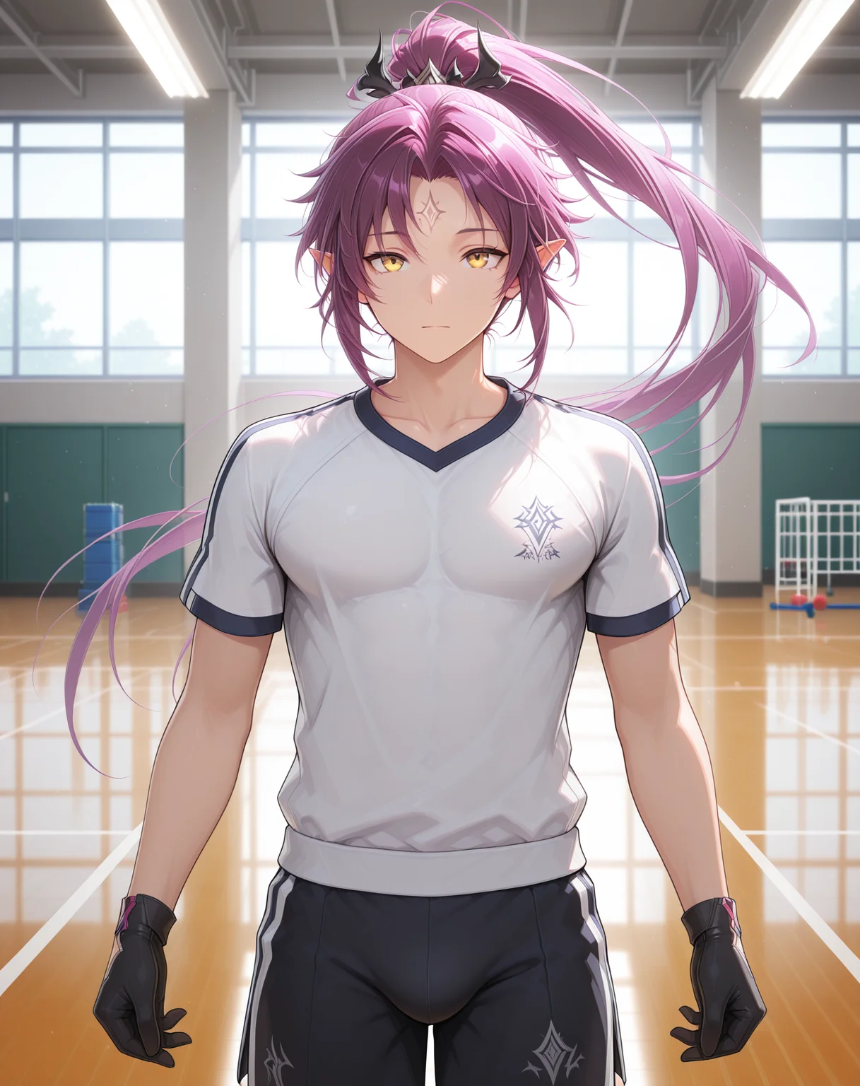 masterpiece,best quality,amazing quality, newest, very aesthetic, absurdres,
1boy, solo, yaoi, male focus, looking at viewer, cowboy shot, standing,
<lora:Veigas_FSI_ilxl:1> veigasfsi, black gloves, forehead mark, pointy ears, purple hair, high ponytail,yellow eyes, floating hair,
gym uniform, gym shorts, gym shirt,
indoors, gym,