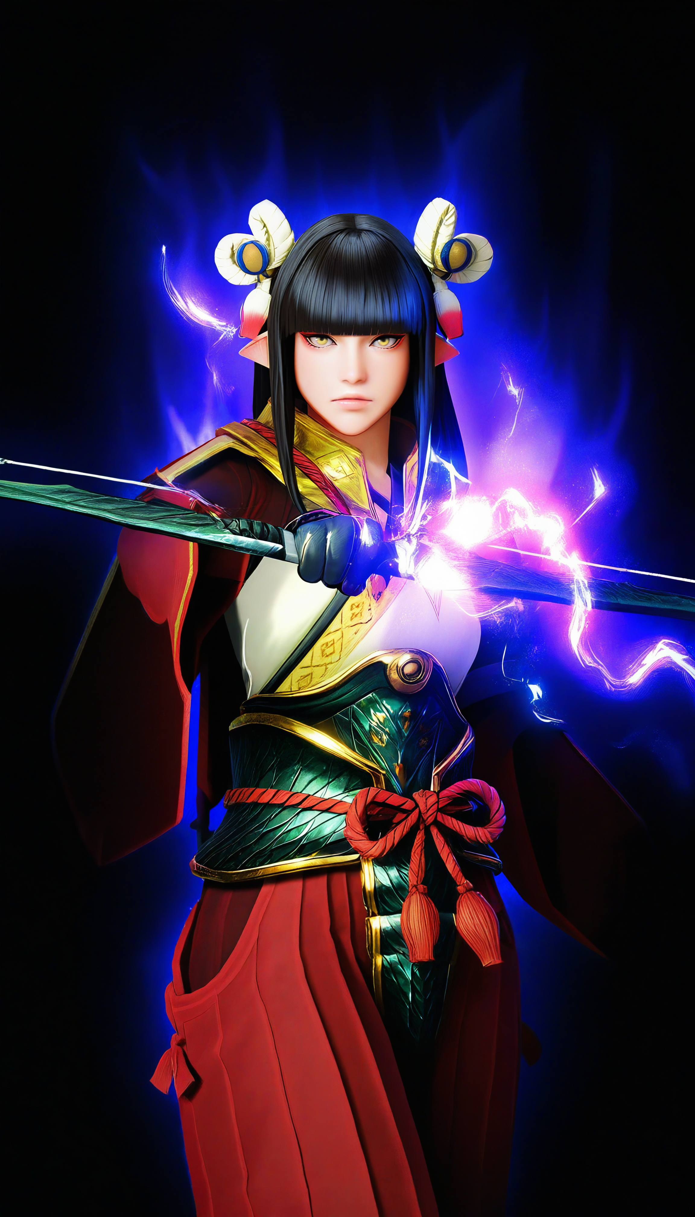 masterpiece,best quality,amazing quality,
<lora:mhminotoNAI:1>,mhminoto,realistic,
1girl,solo,black hair,long hair,blunt bangs,hair ornament,yellow eyes,red and white short cape,white robe top,green waist armor,red hakama pants,black gloves,
cowboy shot,looking at viewer,serious,parted lips,holding bow /(weapon/),aiming,glowing aura,glowing purple light,black background,