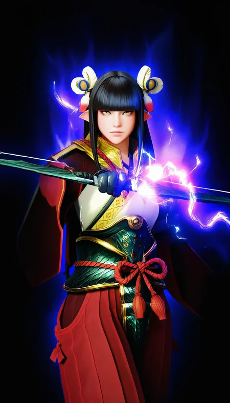 masterpiece,best quality,amazing quality,
<lora:mhminotoNAI:1>,mhminoto,realistic,
1girl,solo,black hair,long hair,blunt bangs,hair ornament,yellow eyes,red and white short cape,white robe top,green waist armor,red hakama pants,black gloves,
cowboy shot,looking at viewer,serious,parted lips,holding bow /(weapon/),aiming,glowing aura,glowing purple light,black background,
