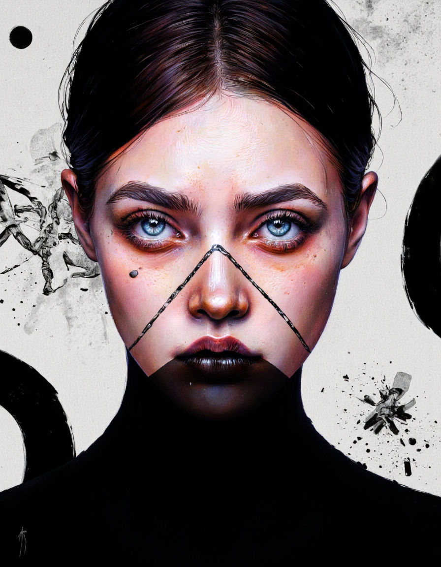 By Laura H. Rubin. A digital illustration shoot from a portrait camera angle about a close-up portrait of a young woman with striking features, including striking purple eyes, dark lipstick, and a nose piercing. the image also shows black lines covering her face and around her neck, creating a dramatic effect. on the middle of the image, a 20-year-old woman appears to be looking directly at the viewer, with her blue eyes gleaming with a serious expression. her hair is styled in a messy, messy manner, and she has a slim body. she is wearing a black turtleneck and her face is framed by black lines that create a diagonal pattern across her face. the background is a simple gradient of light grey, with black and white abstract shapes that add depth and dimension to the image. <lora:Laura_H._Rubin_II:0.8>