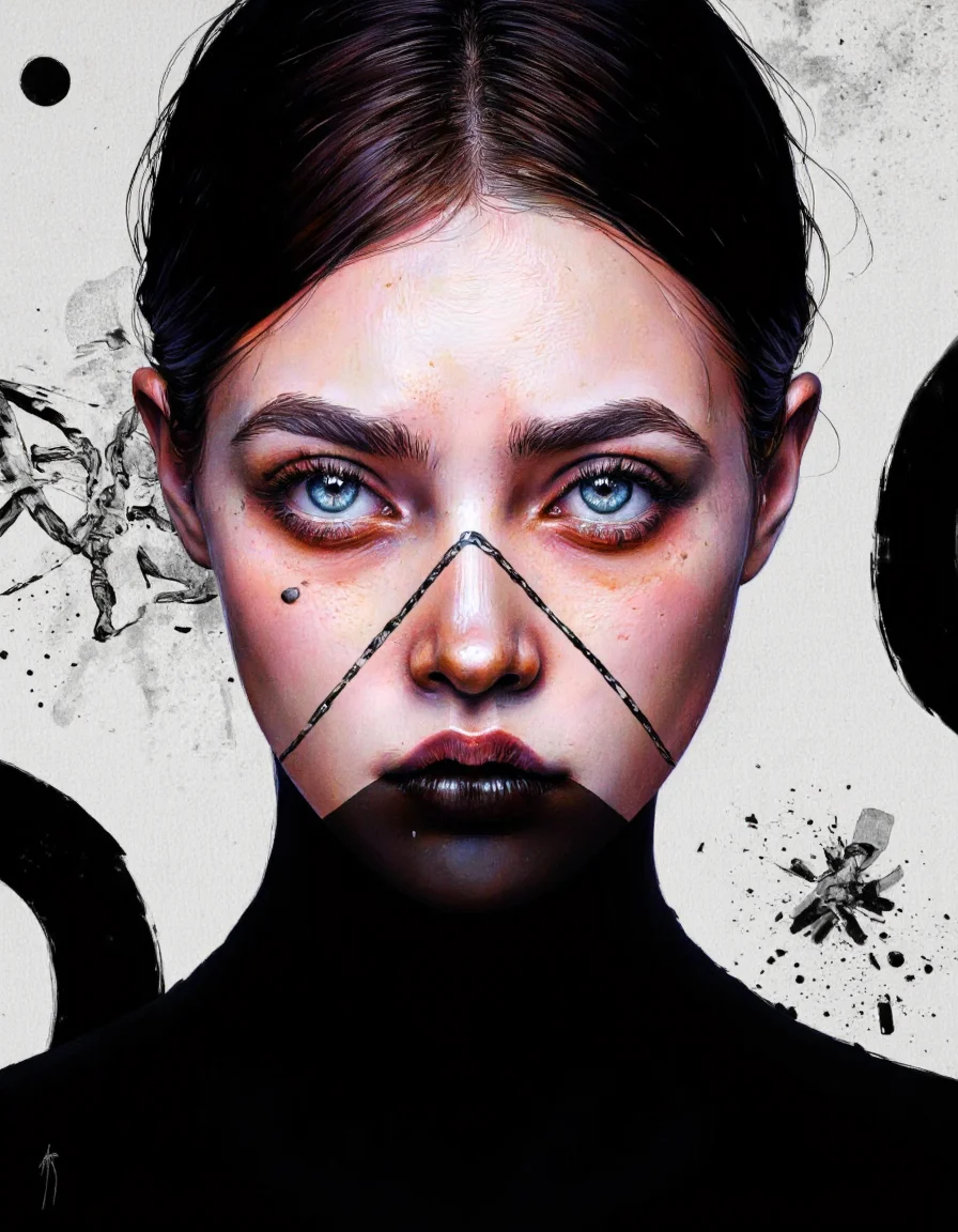 By Laura H. Rubin. A digital illustration shoot from a portrait camera angle about a close-up portrait of a young woman with striking features, including striking purple eyes, dark lipstick, and a nose piercing. the image also shows black lines covering her face and around her neck, creating a dramatic effect. on the middle of the image, a 20-year-old woman appears to be looking directly at the viewer, with her blue eyes gleaming with a serious expression. her hair is styled in a messy, messy manner, and she has a slim body. she is wearing a black turtleneck and her face is framed by black lines that create a diagonal pattern across her face. the background is a simple gradient of light grey, with black and white abstract shapes that add depth and dimension to the image. <lora:Laura_H._Rubin_II:0.8>