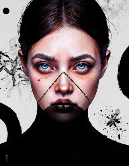 By Laura H. Rubin. A digital illustration shoot from a portrait camera angle about a close-up portrait of a young woman with striking features, including striking purple eyes, dark lipstick, and a nose piercing. the image also shows black lines covering her face and around her neck, creating a dramatic effect. on the middle of the image, a 20-year-old woman appears to be looking directly at the viewer, with her blue eyes gleaming with a serious expression. her hair is styled in a messy, messy manner, and she has a slim body. she is wearing a black turtleneck and her face is framed by black lines that create a diagonal pattern across her face. the background is a simple gradient of light grey, with black and white abstract shapes that add depth and dimension to the image. <lora:Laura_H._Rubin_II:0.8>