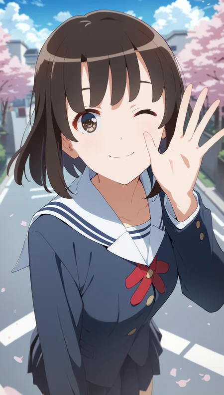 score_9,score_8_up,score_7_up,
<lora:megumikato:0.9>,
katomegumi,
1girl,solo,black hair,bangs,short hair,
brown eyes,looking at viewer,smile,one eye closed,
blue school uniform,long sleeves,red bow tie,
portrait,from above,face focus,waving,
blurry background,bloom,outdoors,blue sky,cloud,light particles,street,lens flare,cherry blossoms,