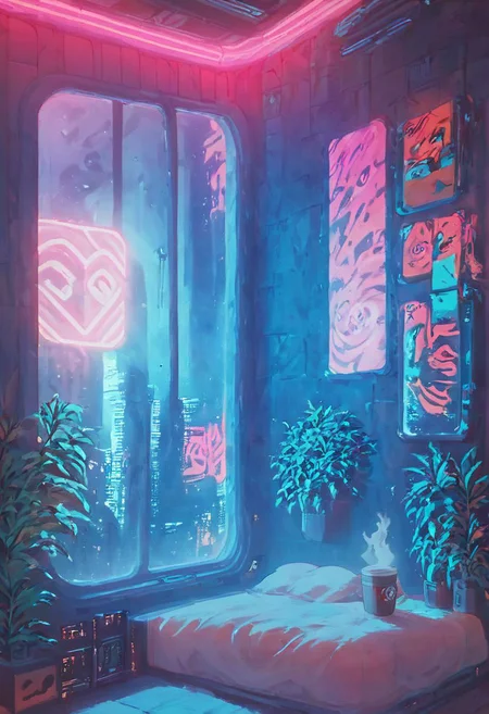 score_9,score_8_up,score_7_up,score_6_up,
steaming coffee cup on windowsill, plants on the windowsill, wall of plants, monstera plant, large plant, tidy bedrrom, small room, cramped bedroom, teddies on the bed, cyberpunk city view out of the window, neon light, purple neon lights,