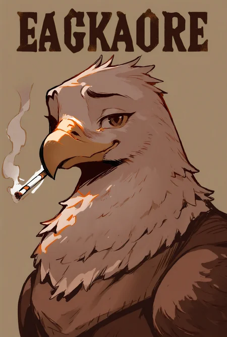 no humans, animal focus, eagle, general,
solo, smoking, smoke, cigarette, looking at viewer, raised eyebrows, smile,
narute background, simple background, green background,
sepia, cowboy western, cover page, english text,
best quality, very awa, highres, newest