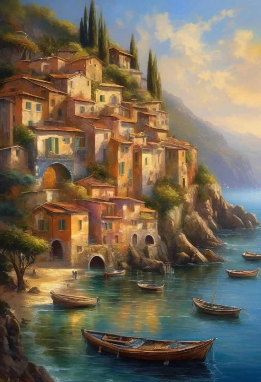 fantasy style, Italian riviera, fishing village, (13th Century:1.5), dramatic atmosphere, dream scenery art, beautiful oil painting, masterpiece, highres