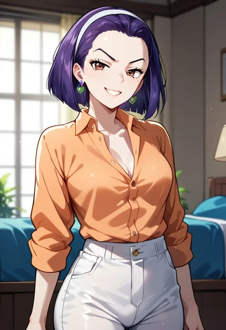 Expressiveh, score_9, score_8_up, score_7_up, source_anime, <lora:GreatM8_Style_XL_Pony_Revision:1>, greatm8 style, Tomoko Higashikata, earrings, 1girl, solo, smug, expressive eyes, brown eyes, purple hair, short hair, hair band, orange shirt, button-up shirt, white pants, perky breasts, fit body, (standing, sexy pose), (indoors, bedroom, dynamic lighting)