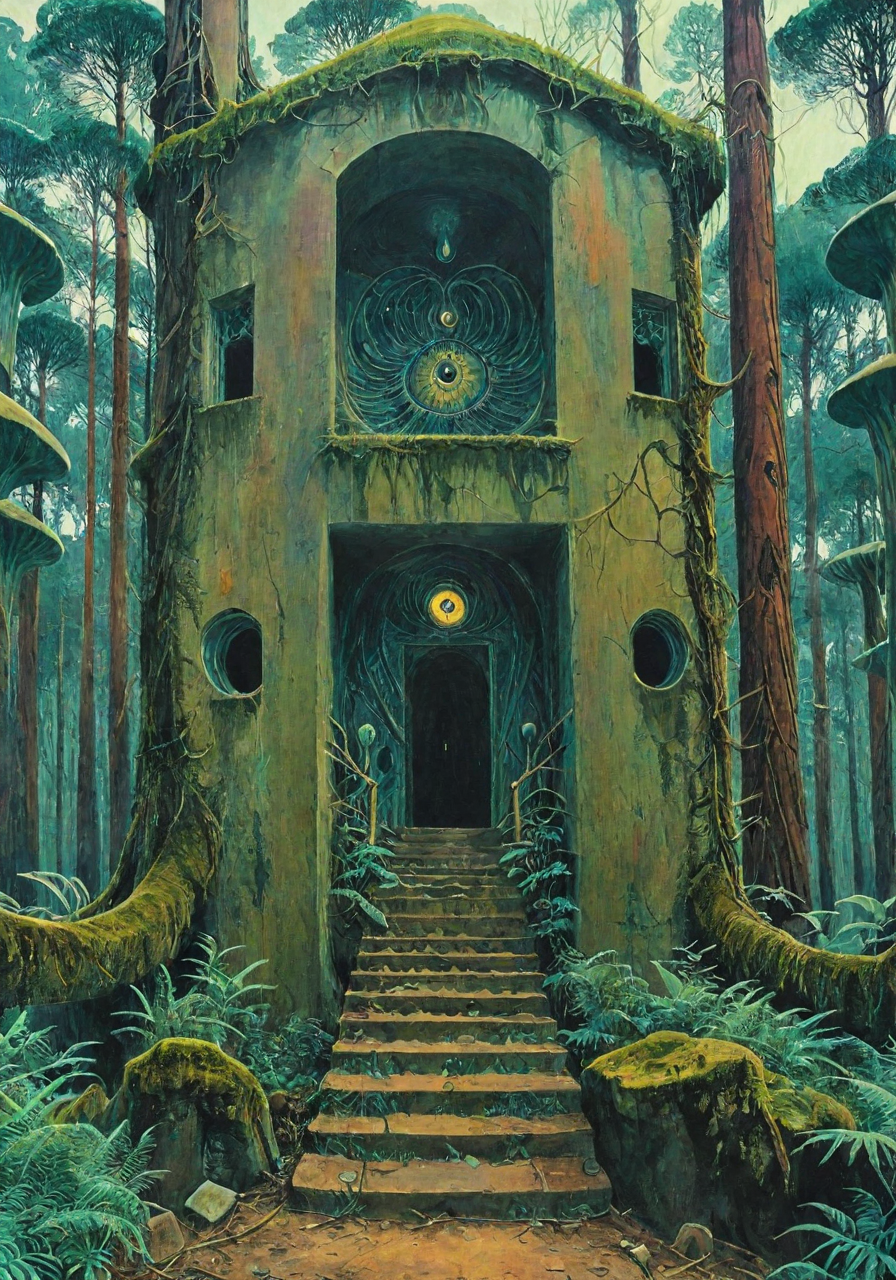 in the forest there is an unattached doorway through which you can see a staircase leading nowhere. unknown, psychedelic, b3ks1n, fenliexl, High Resolution, detailxl