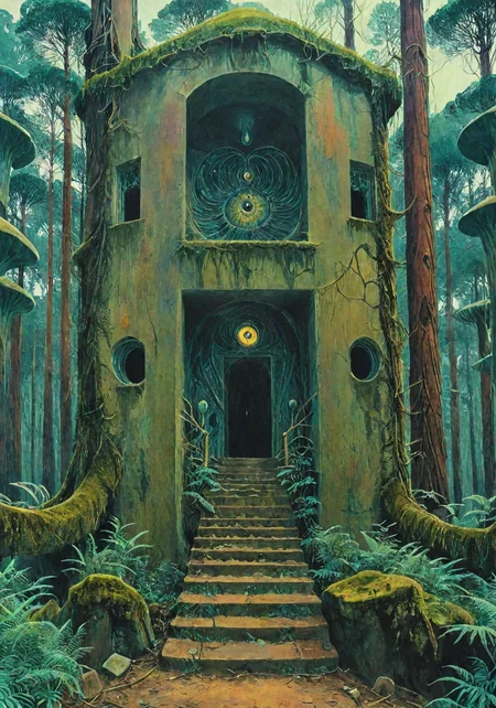 in the forest there is an unattached doorway through which you can see a staircase leading nowhere. unknown, psychedelic, b3ks1n, fenliexl, High Resolution, detailxl