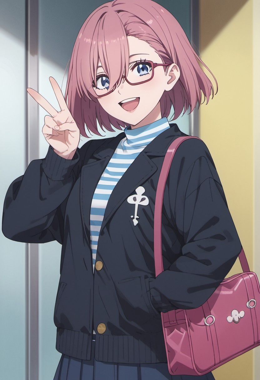 score_9, score_8_up, score_7_up, source_anime, amano ririsa, short hair, pink hair, blue eyes, striped shirt, striped, v, glasses, smile, shirt, black jacket, bag, jacket, hair between eyes, open mouth, looking at viewer, semi-rimless eyewear, long sleeves, :d