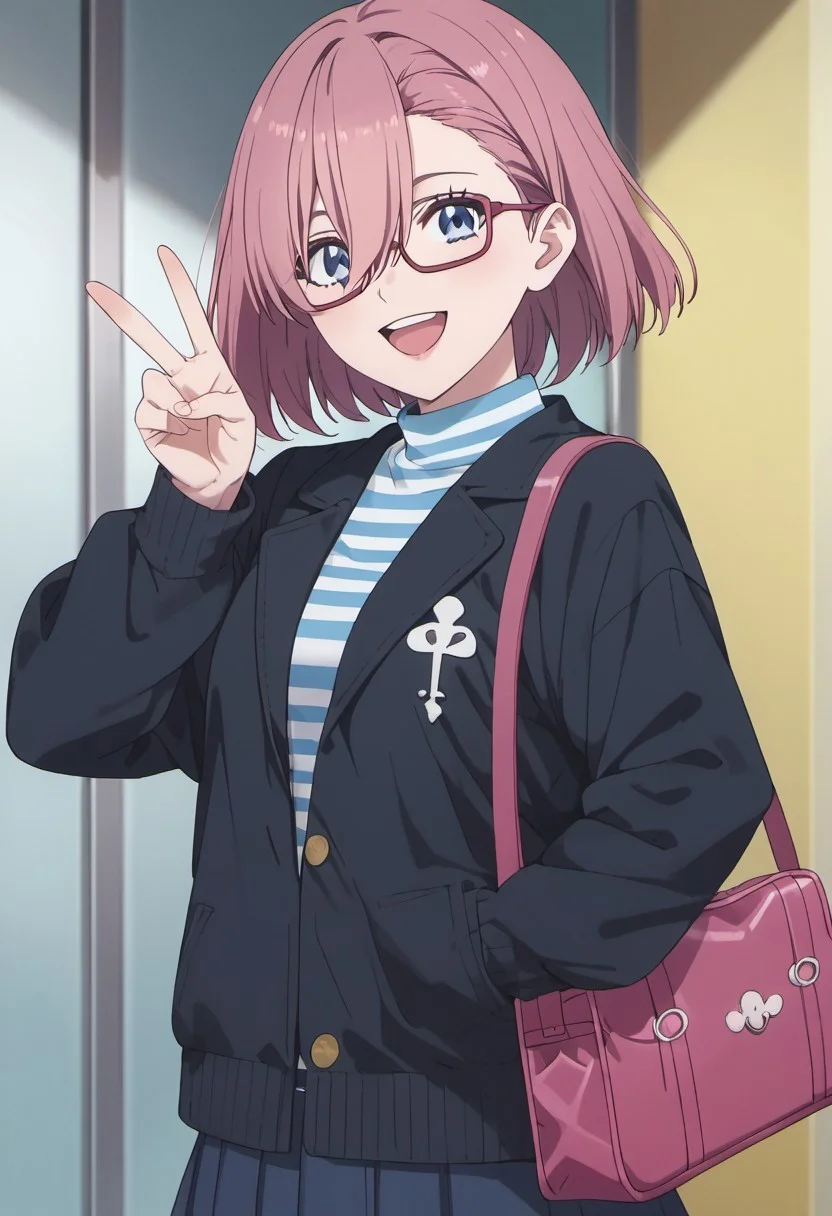 score_9, score_8_up, score_7_up, source_anime, amano ririsa, short hair, pink hair, blue eyes, striped shirt, striped, v, glasses, smile, shirt, black jacket, bag, jacket, hair between eyes, open mouth, looking at viewer, semi-rimless eyewear, long sleeves, :d