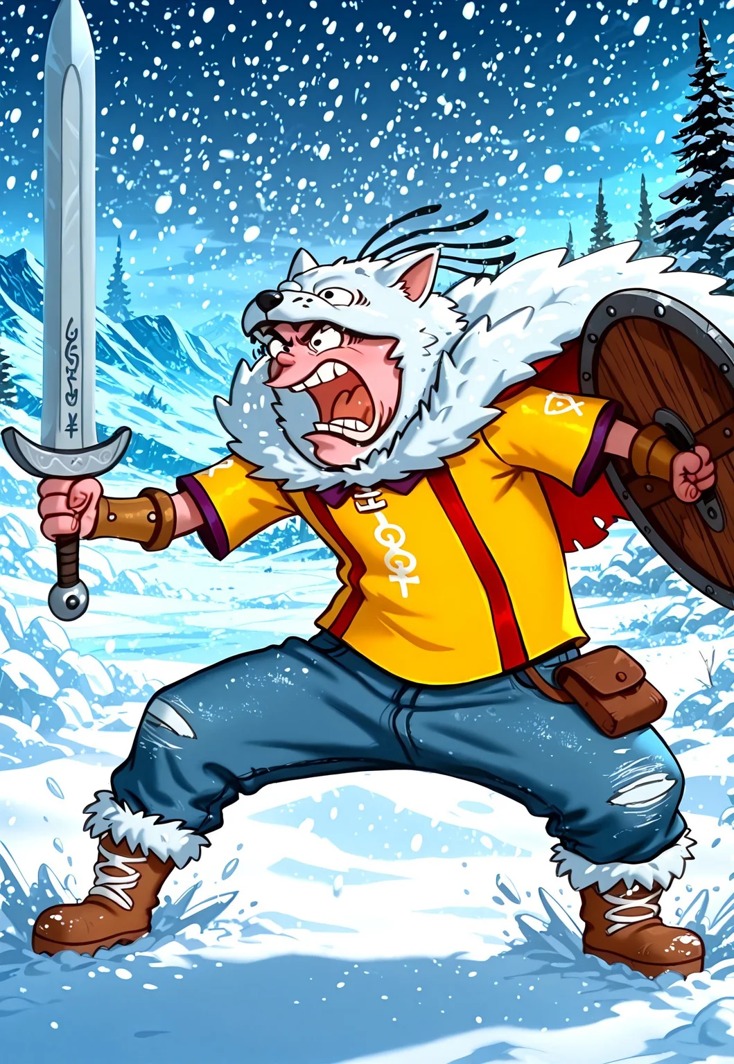 masterpiece, absurdres, highest quality, highly detailed, 1boy, solo, (eddyboy:1.2), (sc4m:1.2), yellow shirt, blue jeans, three hairs, multicolored viking shield, viking sword, bracers, fur boots, combat stance, glacial fjord background, snowstorm, heavy snow, yelling, battle cry, animal pelt armor, wolfskin cape, viking runes on sword, 