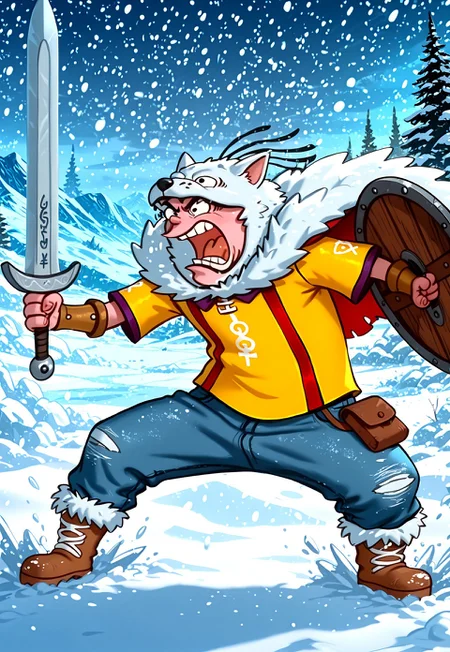 masterpiece, absurdres, highest quality, highly detailed, 1boy, solo, (eddyboy:1.2), (sc4m:1.2), yellow shirt, blue jeans, three hairs, multicolored viking shield, viking sword, bracers, fur boots, combat stance, glacial fjord background, snowstorm, heavy snow, yelling, battle cry, animal pelt armor, wolfskin cape, viking runes on sword, 