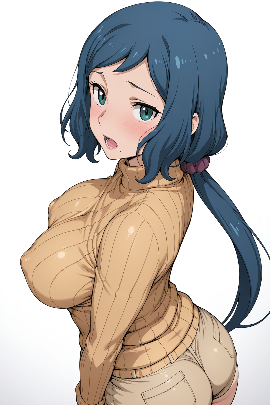 iori rinko, gundam, 1girl, ass, blush, breasts, covered nipples, from behind, large breasts, long hair, looking at viewer, mature female, mole, mole above mouth, open mouth, ponytail, ribbed sweater, shorts, solo, sweater, turtleneck, masterpiece, best quality