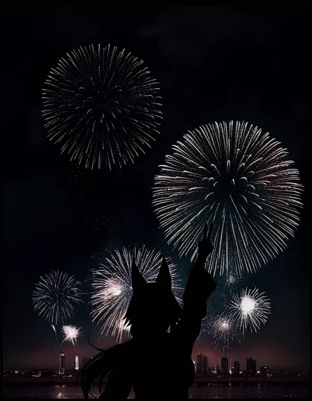 <lora:illustriousXLv01_stabilizer_v1.164:0.8>1girl,tamamo \(fate\),upper body,from behind,arm up,v,dark,night,cityscape,fireworks,stars in sky,shadow,masterpiece,