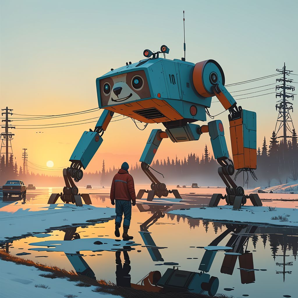 Cinematic, shot.
Dynamic view of an ancient goofy 12m tall disturbing (smiling) Sloth-shaped robot (and a man in front of it) in Simon Stalenhag's style from a futuristic era, at dusk hour with very long and realistic projected shadows, detailed frame, painting looks to be life like, on the ground, magical multicolored ink, high quality, imagination, fantasy art, vivid magical colors.
The shot takes place near an highway.
The robot is trying to cross an iced lake walking on four legs.
Many details everywhere. Ray-Tracing. Anti-Aliasing. Realistic reflections. Realistic soft shadows.
Slightly desaturated colors. 
Insane quality. Insane resolution. Insane details. Masterpiece.
16k resolution
By Simon Stalenhag.
