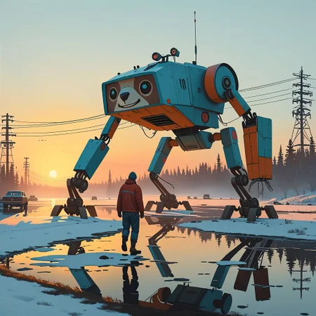 Cinematic, shot.
Dynamic view of an ancient goofy 12m tall disturbing (smiling) Sloth-shaped robot (and a man in front of it) in Simon Stalenhag's style from a futuristic era, at dusk hour with very long and realistic projected shadows, detailed frame, painting looks to be life like, on the ground, magical multicolored ink, high quality, imagination, fantasy art, vivid magical colors.
The shot takes place near an highway.
The robot is trying to cross an iced lake walking on four legs.
Many details everywhere. Ray-Tracing. Anti-Aliasing. Realistic reflections. Realistic soft shadows.
Slightly desaturated colors.
Insane quality. Insane resolution. Insane details. Masterpiece.
16k resolution
By Simon Stalenhag.