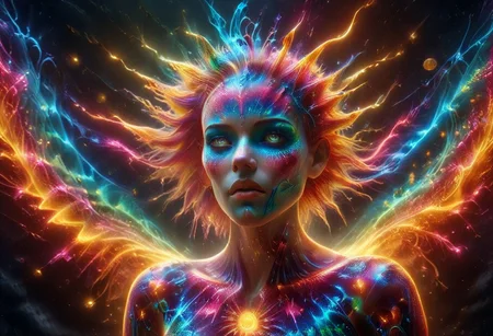 a full body fire entity girl with multicolored flames, purple and blue lights, green and blue flames, pink energy electric eyes, professional photography of an fantastical creature, young woman, shaved head Finely detailed, in a solarpunk environment, looking at viewer, solo, headwear removed, realistic, night blue sky, own hands, spooky makeup, entirely made of stars and galaxies, cyber light trails with whimsical elements, swirling magic, eerie fairytale landscape, elaborate fantasy style art, very colorful, intricate details, ultra sharp, exquisite detail, flawless composition, vivid colors, masterpiece, exciting background, psychedelicai, made out of,colorful,liquid,Murano Art Glass, GlowingInk, mad-glowtiedye, glowneon, glowing, sparks, lightning