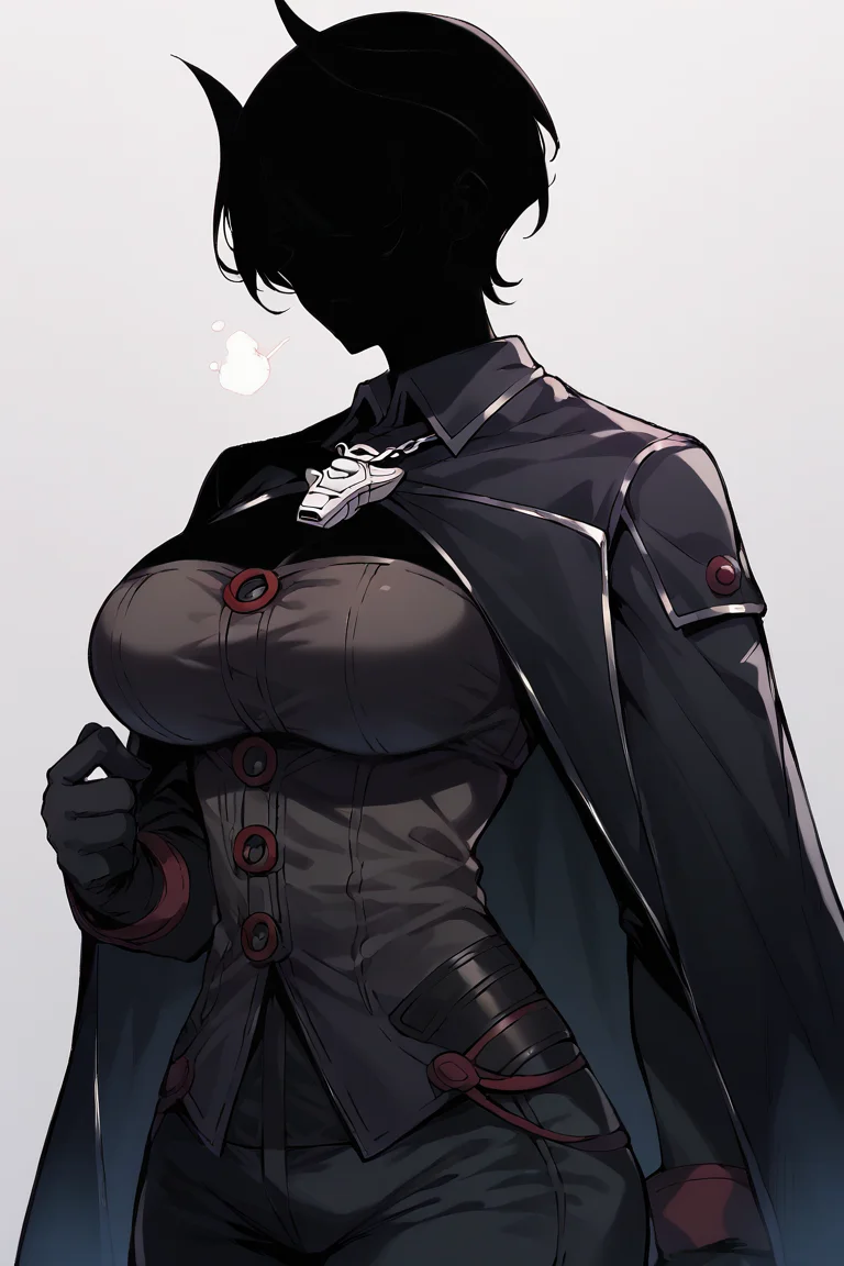 <lora:ShadowPerson-000004:1>, big breasts, 1girl, ShadowPerson, colored skin, black skin, black hair, <lora:madeinabyss_ozen_ponyXL:0.7> ozen, black cape, black jacket, long sleeves, black gloves, black pants, whistle,, score_9, score_8_up, score_7_up,