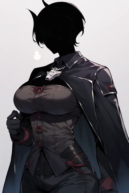 <lora:ShadowPerson-000004:1>, big breasts, 1girl, ShadowPerson, colored skin, black skin, black hair, <lora:madeinabyss_ozen_ponyXL:0.7> ozen, black cape, black jacket, long sleeves, black gloves, black pants, whistle,, score_9, score_8_up, score_7_up,