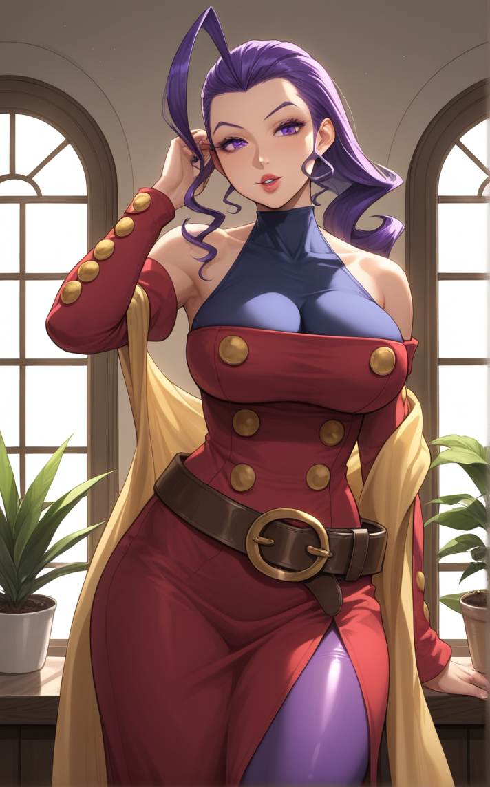 score_9, score_8_up, score_7_up, hand in own hair, standing, arm up, solo, looking at viewer, window, indoors, parted lips, plant, cowboy shot, shiny skin, backlighting, potted plant, indoors,  <lora:PONYXL_StreetFighter_Rose_ownwaifu:1>, BREAK MainOutfit_Rose_ownwaifu, 1girl, hagoromo, hair slicked back, huge ahoge, long hair, purple eyes, purple hair, single hair intake, yellow scarf, bare shoulders, shoulder cutout, clothing cutout, halterneck, lips, large breasts, turtleneck, makeup, off shoulder, scarf, belt, off-shoulder dress, red dress, detached sleeves, lipstick, jewelry, pantyhose, nose, leotard, antenna hair, cleavage, loose belt, long sleeves, side slit, buttons, purple pantyhose, covered collarbone, sidelocks, asymmetrical hair, brown belt, impossible clothes, long dress, flipped hair, forehead, narrow waist, skin tight, belt buckle, sleeveless turtleneck, thick thighs,<lora:add-detail-xl:0.15>,