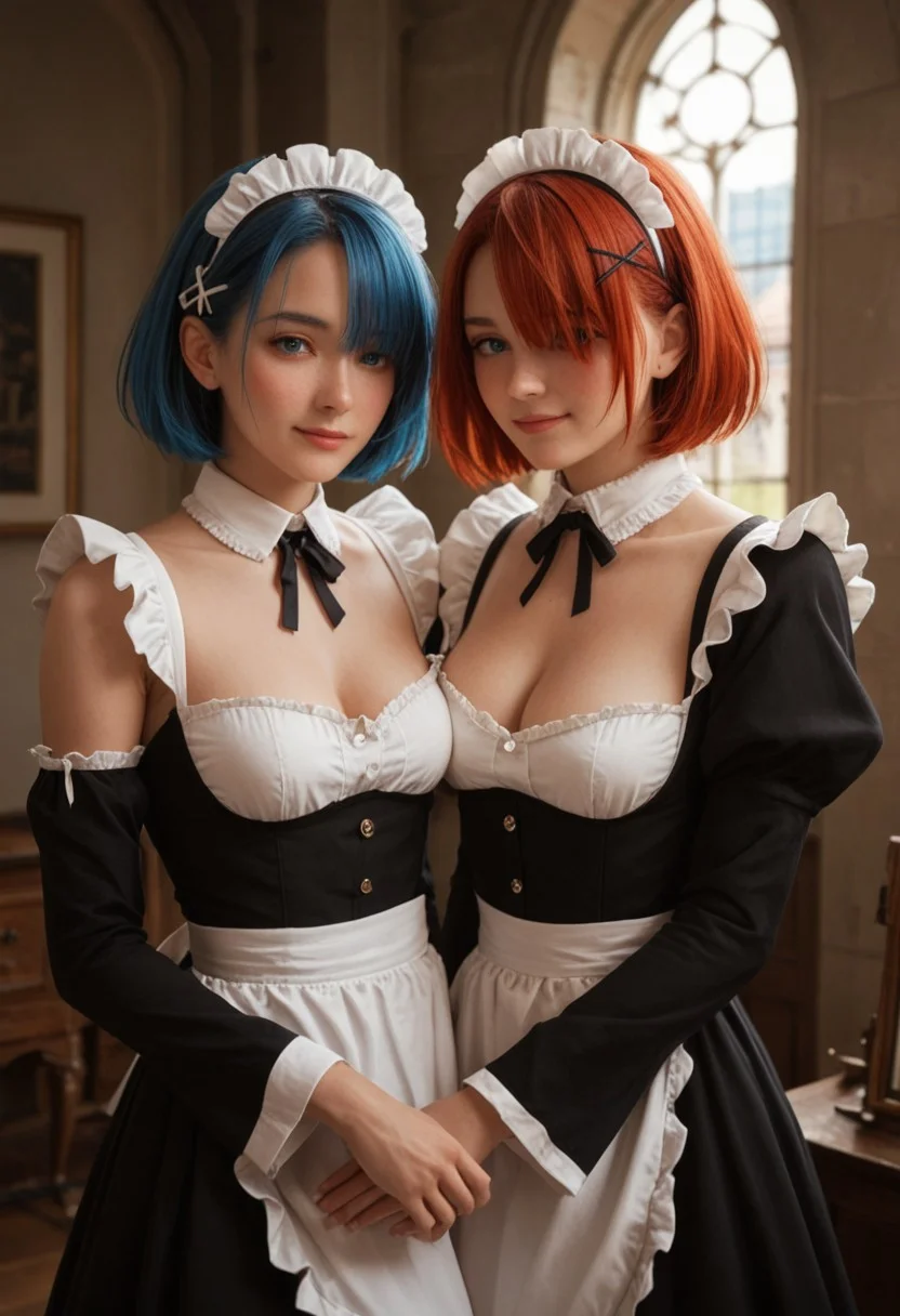 score_9, score_8_up, score_7_up, score_6_up,
2girl, 25 years old, perfect face, (adult), sexy,
blue eyes,
blue hair, red hair, short hair, hair ornament, hair over one eye, x hair ornament,
maid headdress, black dress, black ribbon, black sleeves, cleavage, collar, detached collar, pink ribbon, detached sleeves, frilled collar, frilled dress, frilled sleeves,
white thighhighs, white apron,
shy smile, blush,
inside, castle, big windows, paintings,
cowboy shot,