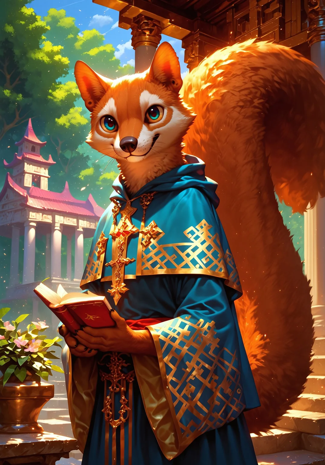 score_9, score_8_up, score_7_up, score_6_up, score_5_up, score_4_up, Expressiveh, g0th1c, zPDXL3, colorful, detailed, high quality, ((((squirrel)))), cartoon squirrel, cute squirrel ((cartoony background)), ((wearing priest clothes)), priest robes, priest, praying hands, hands together, paws together, magical village, medieval, temple in background, detailed background, from front, magical, outside, alone, large eyes, standing, temple, daylight, summer, full squirrel visible, outside, medieval village in background, hood on head, ((hood)), ((holding book in hand)), ((holy book,)) open book